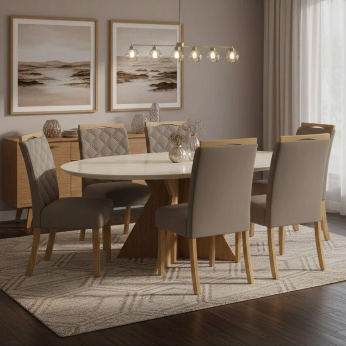JUEGO DE COMEDOR MESA CON TAPA REDONDA EN MADERA MACIZA Y 6 SILLAS TAPIZADAS 