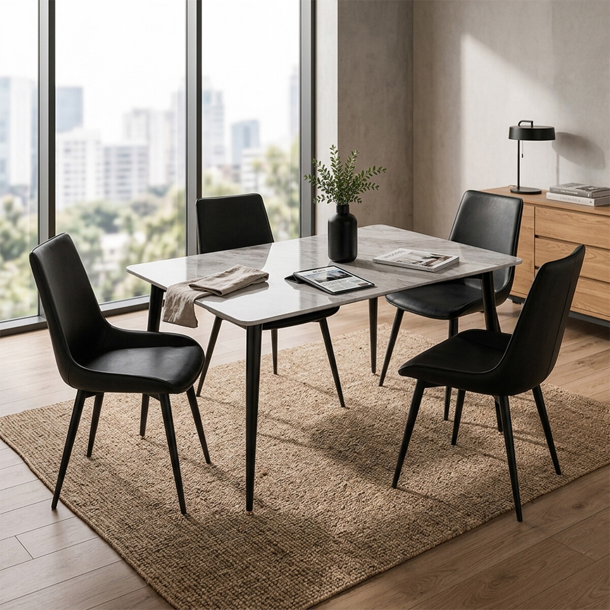 Juego De Comedor Mesa vidrio Símil Mármol + 4 Sillas Ecocuero - Mesa gris + 4 sillas negras 
