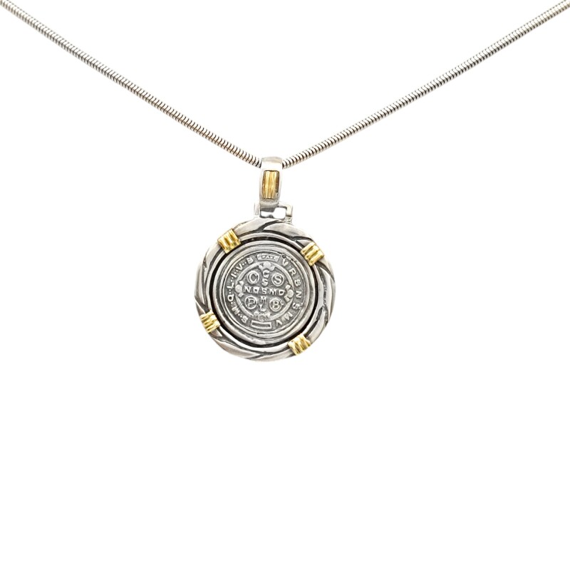 Dije Medalla redonda San Benito Doble imagen-Plata y oro- Sin piedra- CP5040 sinpiedra