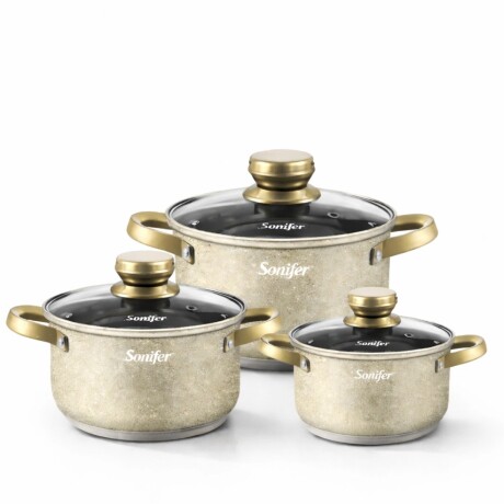 Batería De Cocina Sonifer Efecto Piedra C/tapa De Vidrio 6pc Acero