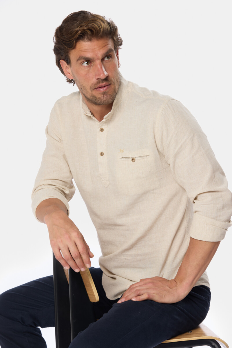 CAMISA DE LINO CUELLO MAO - Beige 