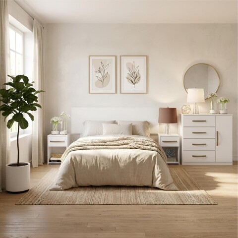 Combo Respaldo, 2 Mesas de Luz y Cómoda - MDP - Blanco Combo Respaldo, 2 Mesas de Luz y Cómoda - MDP - Blanco