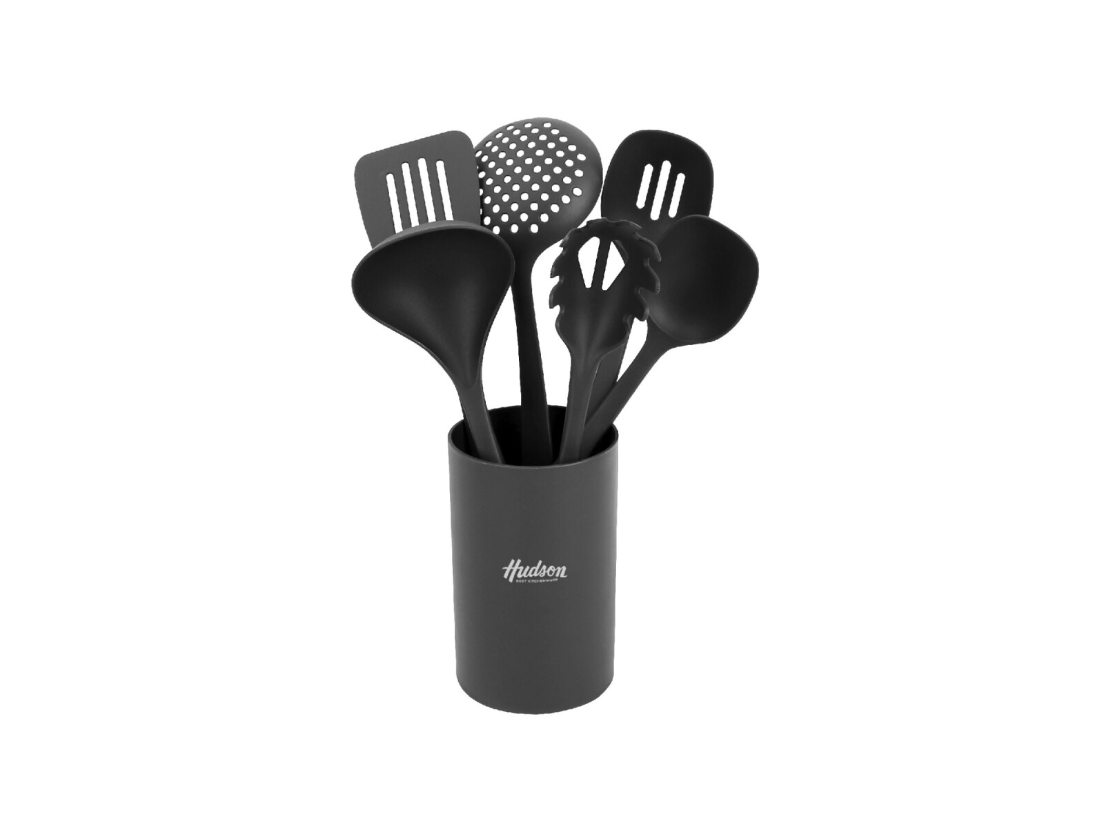 Set Hudson Seis Utensilios De Nylon Gris Oscuro Con Holder 