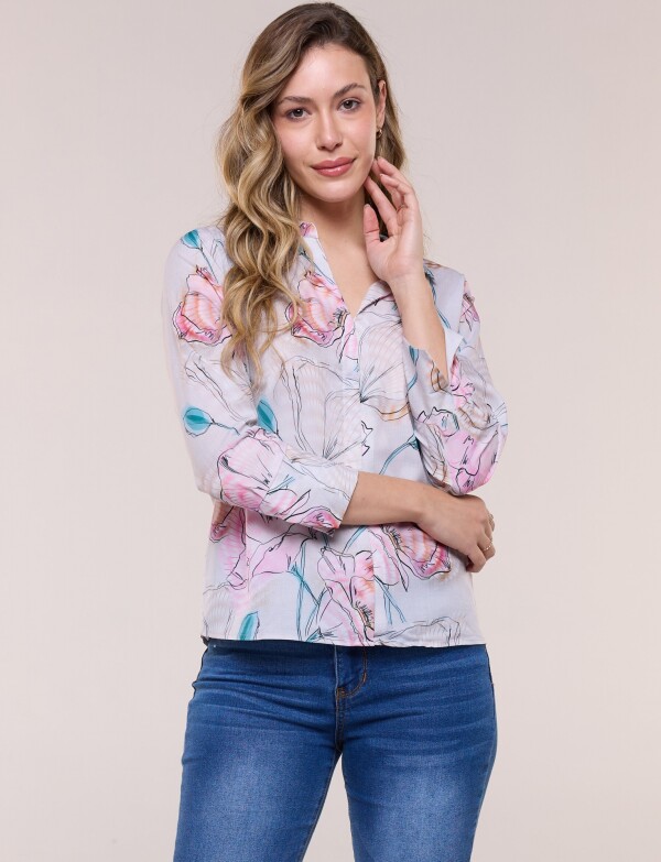 Blusa Printed Escote V MULTI/ROSA