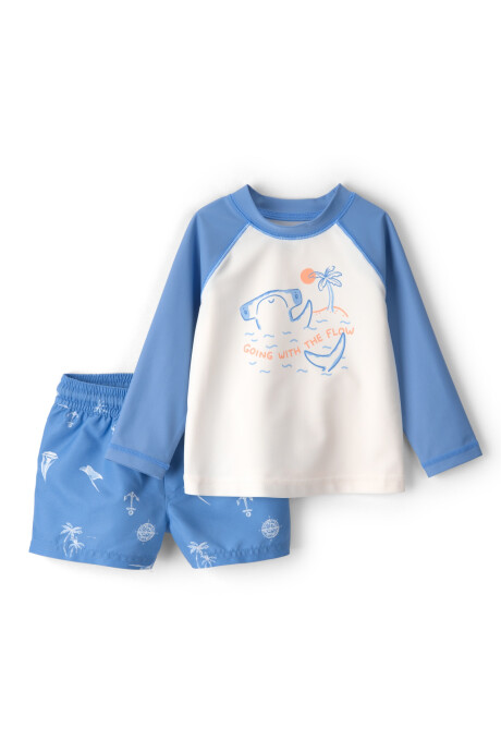 Traje de baño dos piezas, remera manga larga y short, con protección UPF 50+, estampa tiburón Sin color