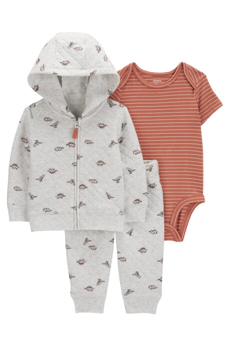 Set tres piezas de algodón, campera y pantalón capitoneados, más body, diseño dinos Set tres piezas de algodón, campera y pantalón capitoneados, más body, diseño dinos