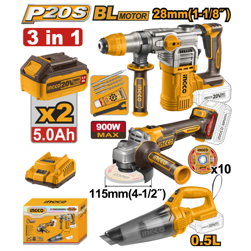 KIT COMBO A BATERIA P20S 20V C/ROTOMARTILLO + AMOLADORA + ASPIRADORA C/ 2 BATER KIT COMBO A BATERIA P20S 20V C/ROTOMARTILLO + AMOLADORA + ASPIRADORA C/ 2 BATER