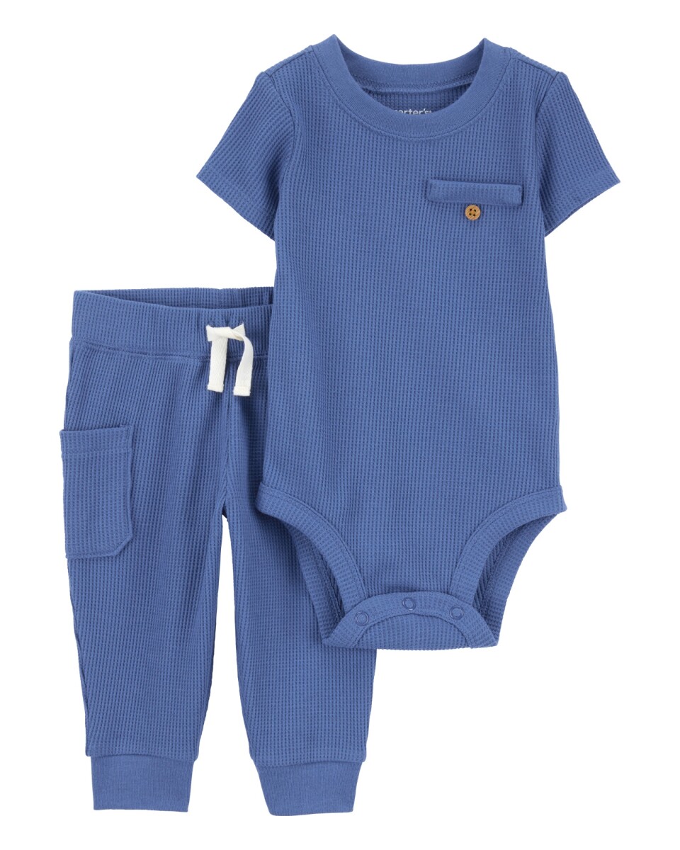 Set dos piezas de algodón texturado, pantalón y remera, azul 