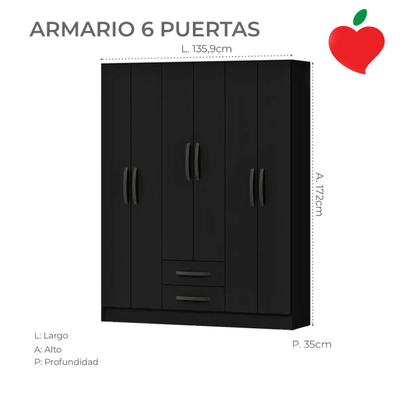 Ropero 6 Puertas 2 Cajones Armario Placard Roperia Color Negro Ropero 6 Puertas 2 Cajones Armario Placard Roperia Color Negro