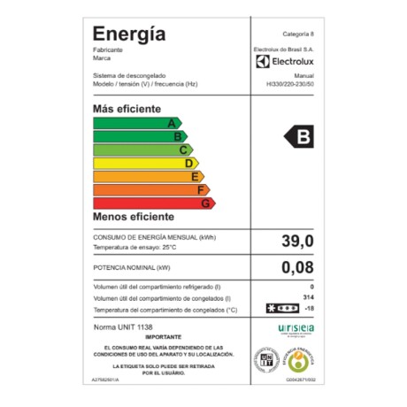 FREEZER HORIZONTAL INVERTER BLANCO ELECTROLUX 320L HI330