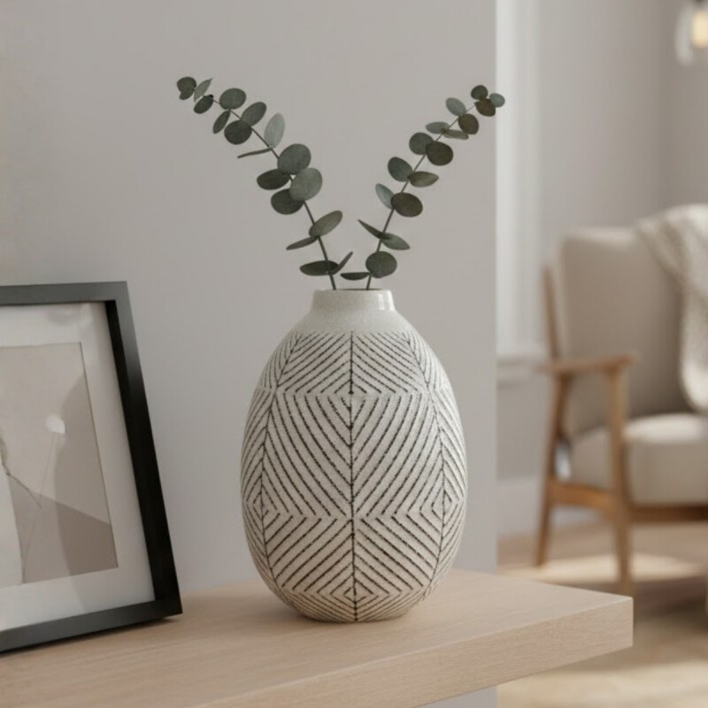 Florero cerámica ánfora textura geométrica BLANCO