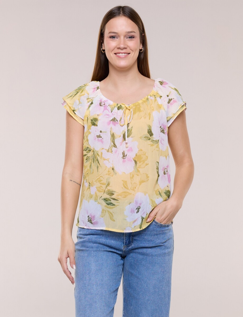 Blusa Floral Con Escote Elastizado Y Lazo - Multi/amarillo 
