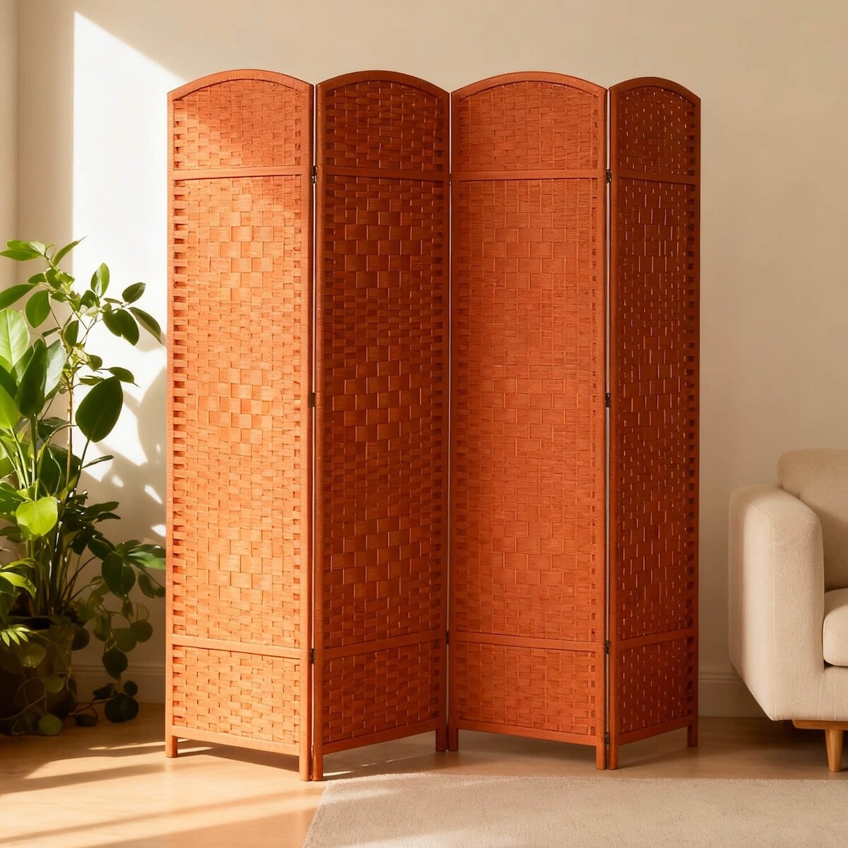 Biombo Divisor Separador Ambientes 4 Paneles Rattan 180m Rattan Imback Color Marron Cedro 