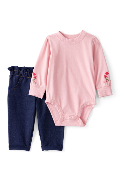 Set dos piezas, pantalón jean y body de algodón, bordado floral Sin color