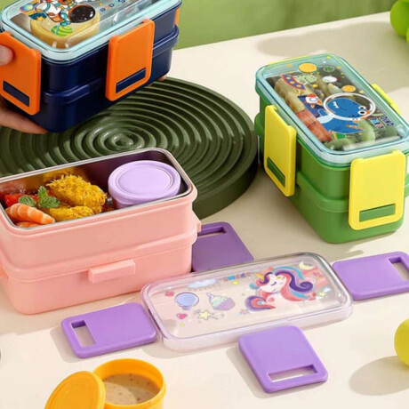 Vianda doble piso con cubiertos, division y tapa Rosado