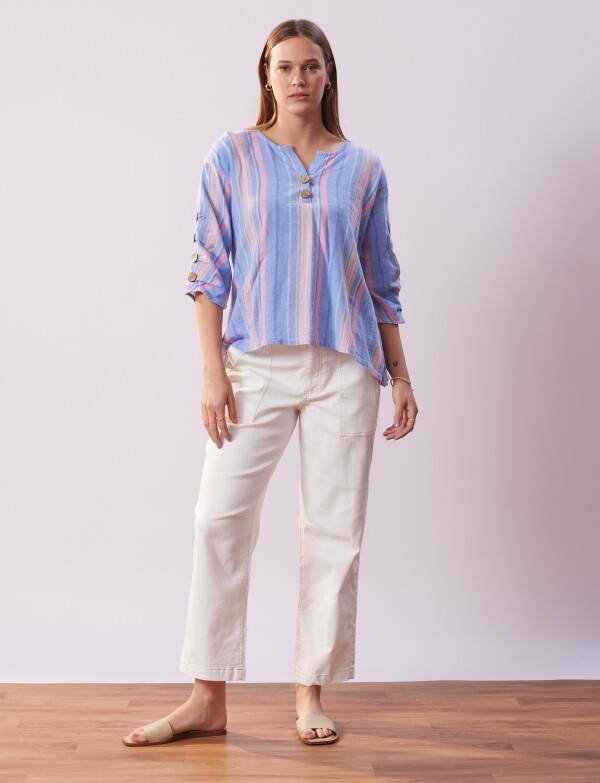 Blusa Algodon Botones MULTI/CELESTE