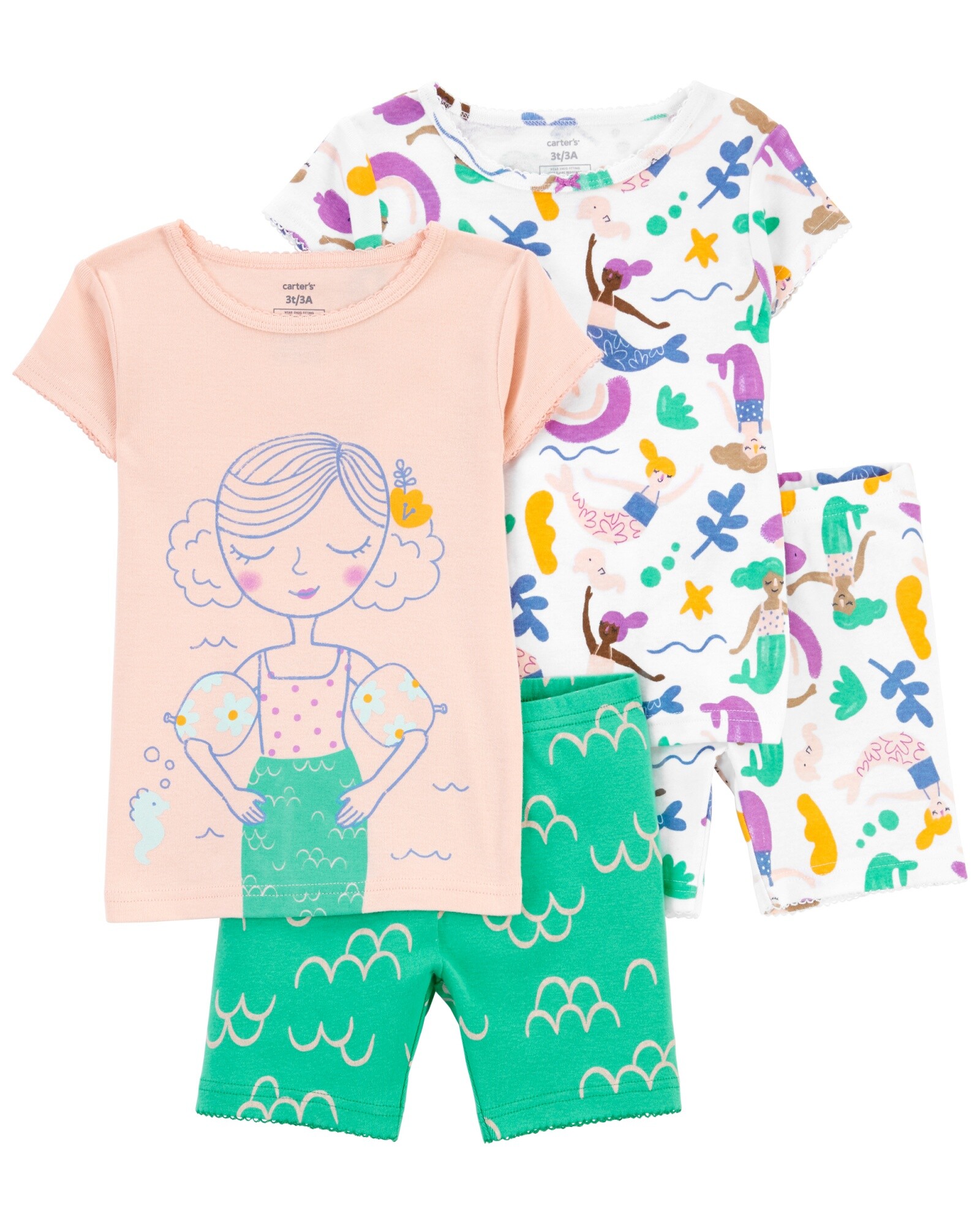 Pijama cuatro piezas de algodón dos remeras y dos shorts Sin color