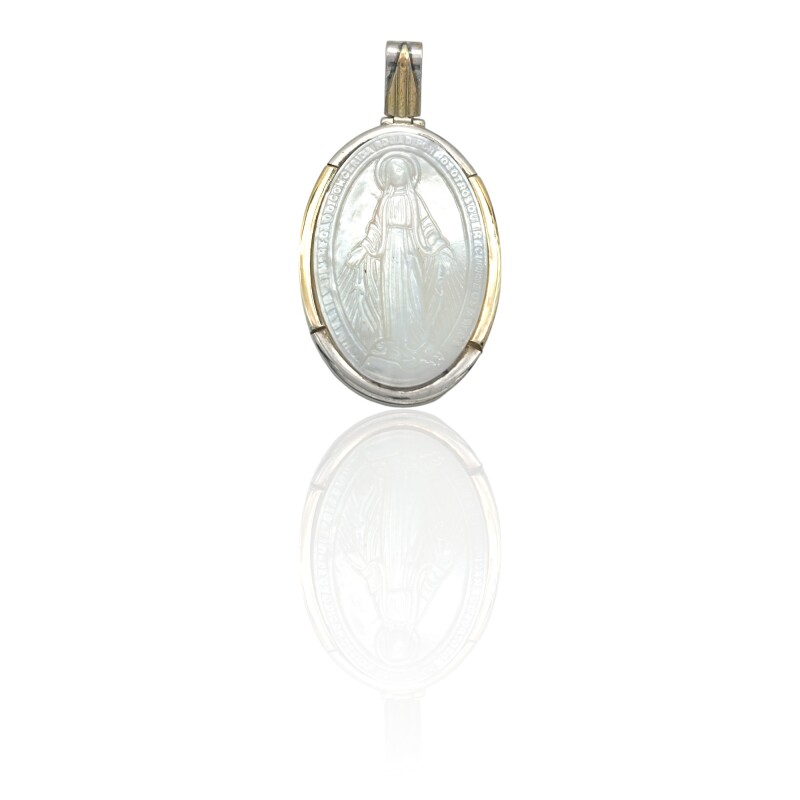 Dije Colgante Oval Virgen Milagrosa-Plata 925 y Oro-Con Piedra Nacar-CP5211 Conpiedra