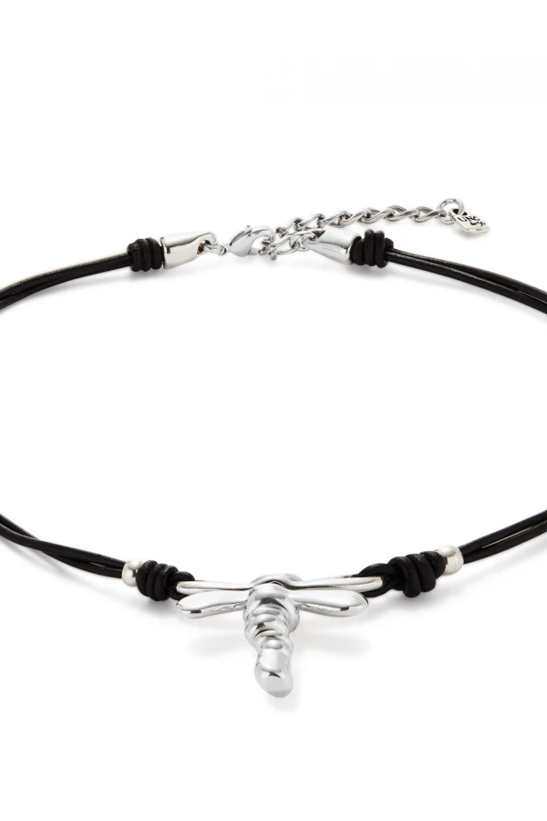COLLAR DE CUERO Y LIBÉLULA BAÑADA EN PLATA DE LEY PLATA / BLANCO