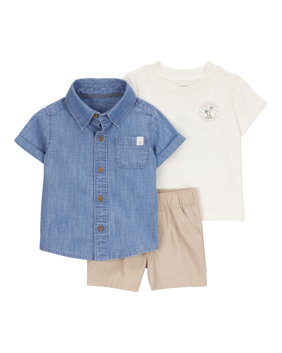 Set tres piezas de algodón, short, camisa y remera, diseño tropical 