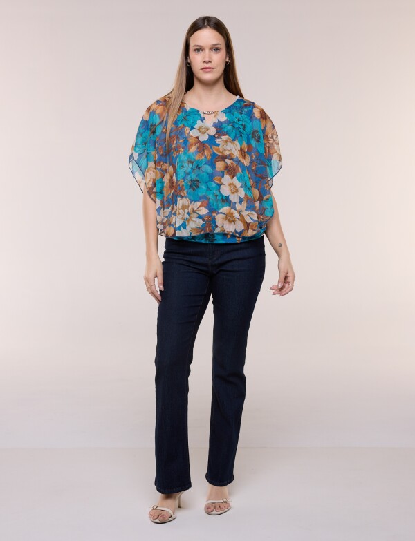 Blusa Gasa Estampada Floral Con Lúrex AZUL/MULTI