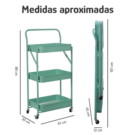 Carro Plegable Organizador Multiuso 3 Estantes Con Ruedas Verde