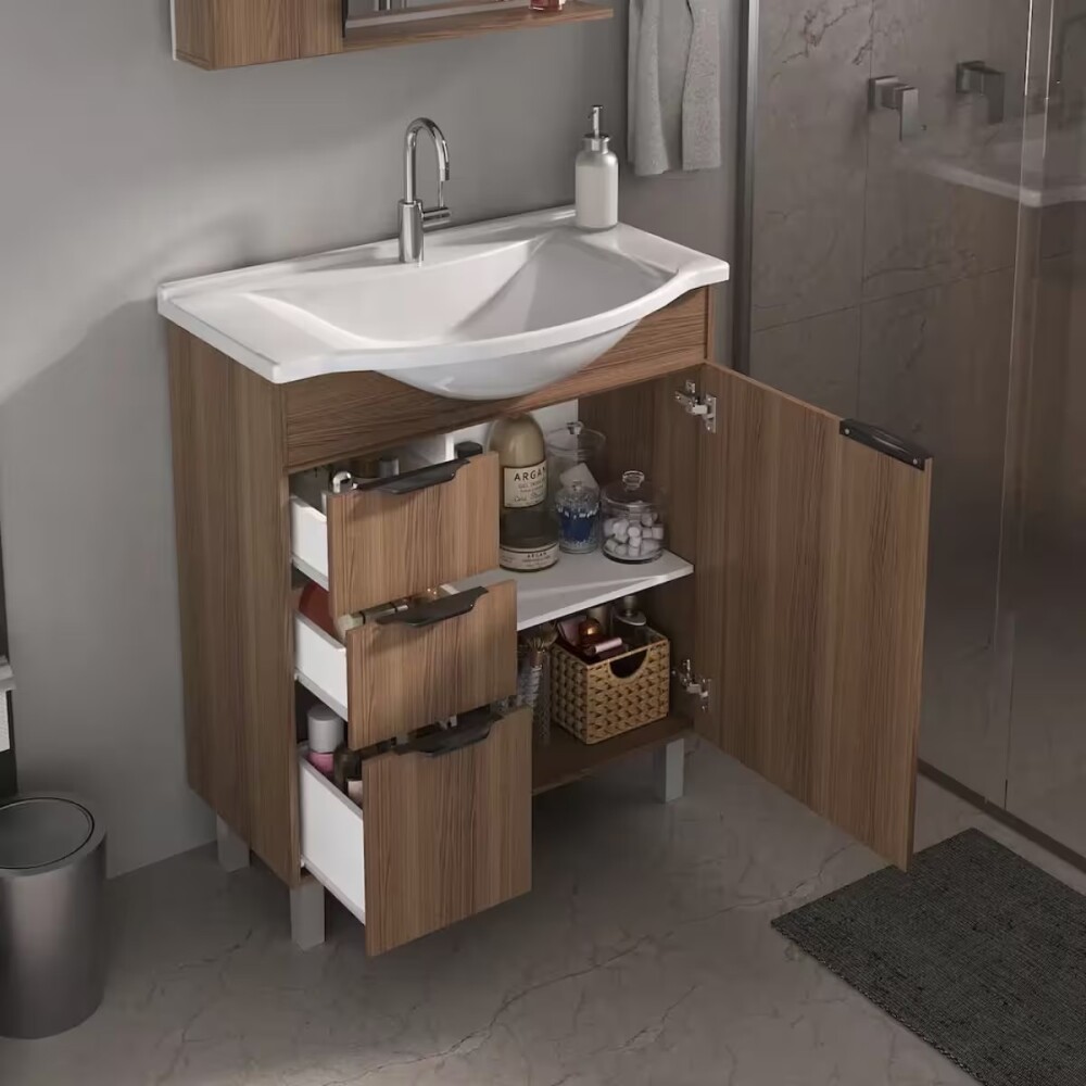 Mueble de baño de pie Crystal Nogal 72 cm con Bacha de resina y espejo con botiquín Mueble De Baño De Pie Crystal Nogal 72 Cm Con Bacha De Resina Y Espejo Con Botiquín