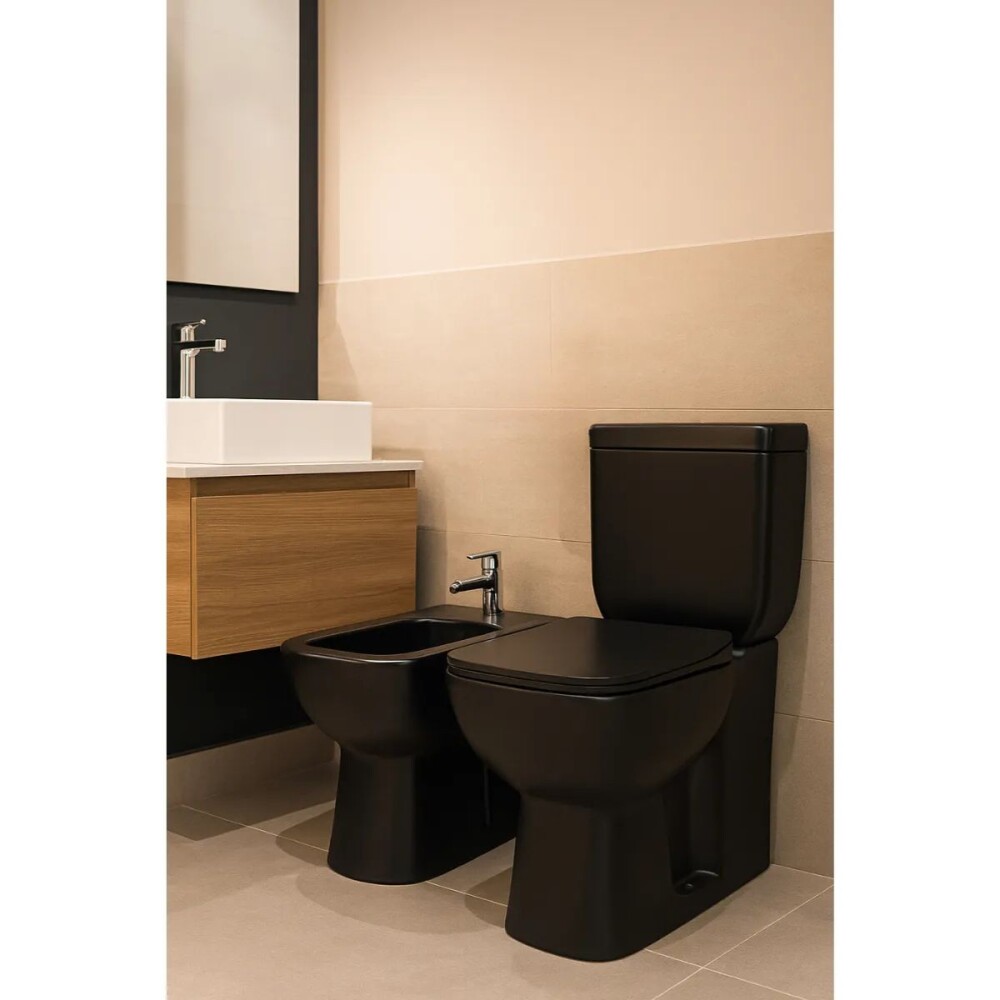 Inodoro largo con mochila Montano Negro Mate Dmc Inodoro Largo Con Mochila Montano Negro Mate Dmc