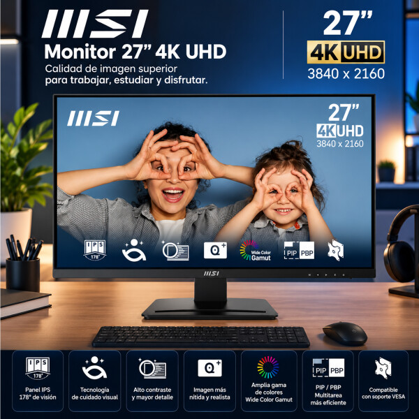 Monitor Msi Pro Mp273u 27" Ips 4k Uhd 60 Hz MONITOR MSI PRO MP273U 27" NEGRO