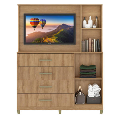 Comoda Cajonera Rack TV de 4 cajones 1 puerta 1 Botiquín y Estantes para Dormitorio o Living - FE - Miel - OUTLET Comoda Cajonera Rack TV de 4 cajones 1 puerta 1 Botiquín y Estantes para Dormitorio o Living - FE - Miel - OUTLET