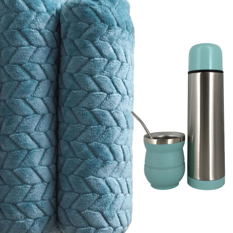 Set Invierno Manta Frazada Polar 2 Pza + Termo Mate Bombilla Turquesa