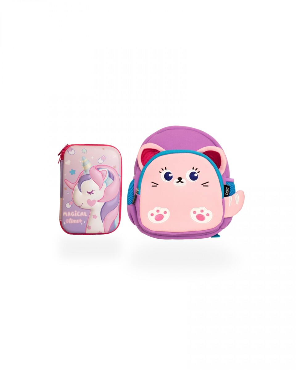 Set de mochila infantil de neopreno y cartuchera con divisiones brio - set-magicpony-gatito 