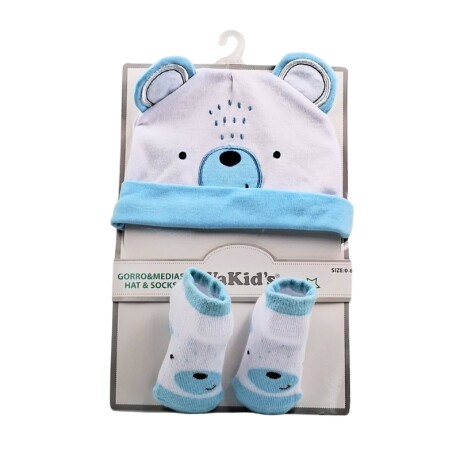 Gorro y botines en algodón para bebé 0-6m Osito Blanco y azul