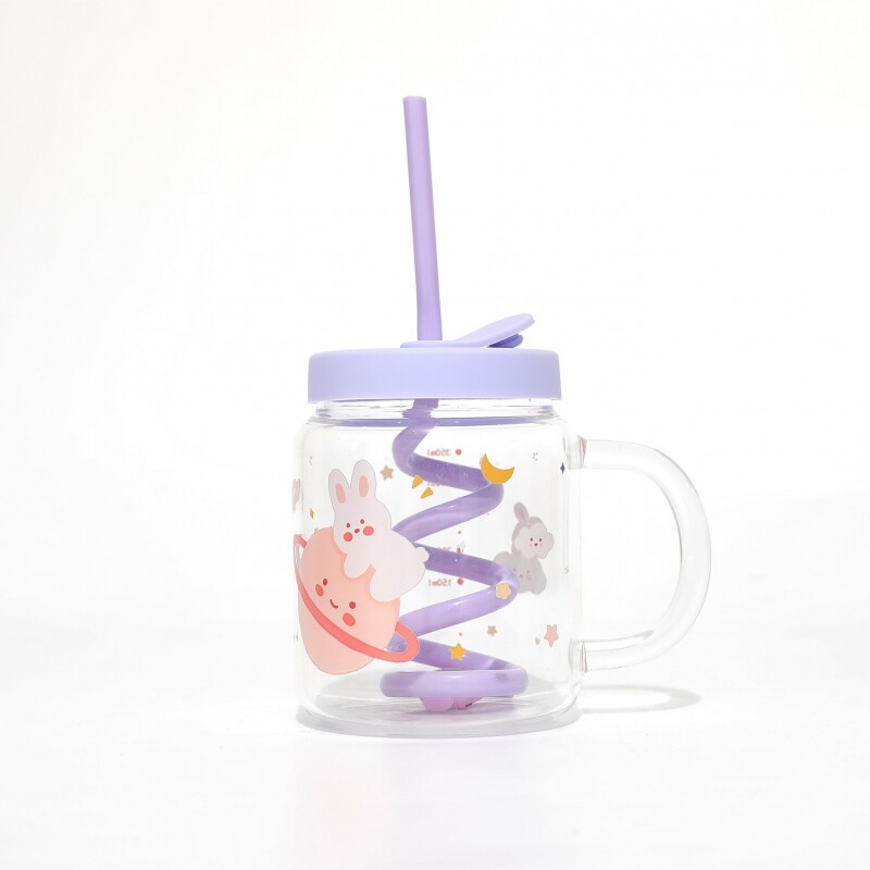 TAZA DE CRISTAL DE DIBUJOS ANIMADOS CON PAJITA EN ESPIRAL Y TAPA (MORADO/350 ML) TAZA DE CRISTAL DE DIBUJOS ANIMADOS CON PAJITA EN ESPIRAL Y TAPA (MORADO/350 ML)