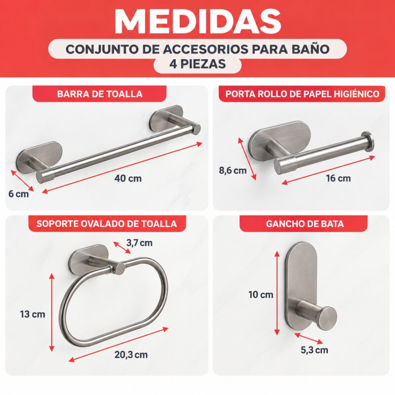 Conjunto de accesorios para baño 4 piezas adhesivas PLATEADO