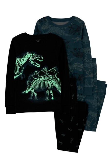 Pijama cuatro piezas de algodón, dos pantalones y dos remeras, diseño dinos Sin color