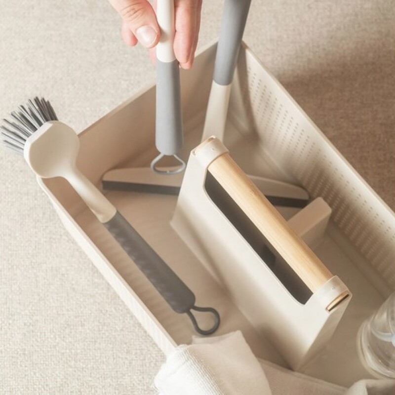 Cesto Organizador con manija de madera Beige