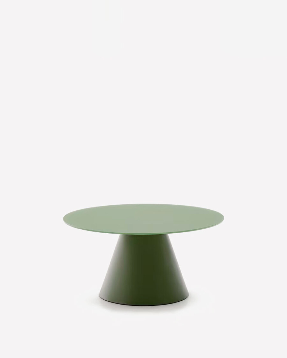 Mesa de centro Wilshire cristal templado glaseado y acero acabado pintado verde mate Ø80cm 
