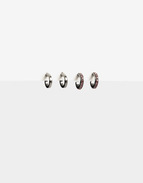 Aros Argollas Set Strass Set De Argollas Metal Y Strass - Negro