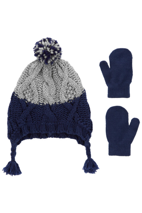 Gorro con pom pom y mitones, azules Sin color