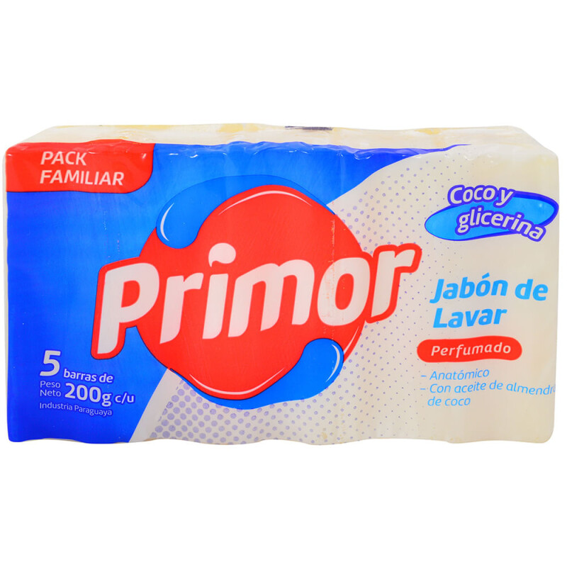 Jabón en Barra Primor para Lavar con Coco y Glicerina 200 GR Pack X5