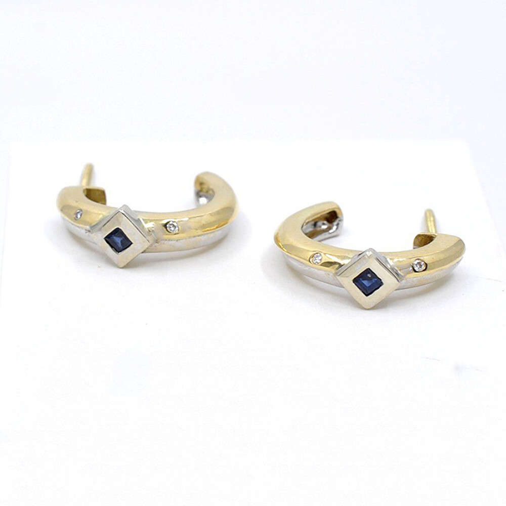 Caravanas En 2 Colores Oro 18K , Brillantes Y Zafiro Caravanas En 2 Colores Oro 18K , Brillantes Y Zafiro