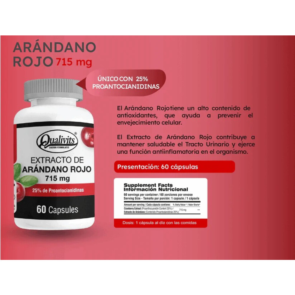 Extracto de Arándano Rojo 715 mg | 60 Cápsulas - Qualivits Extracto de Arándano Rojo 715 mg | 60 Cápsulas - Qualivits