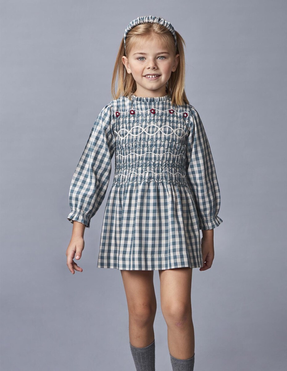 Vestido Cuadros Con Bordada - Petroleo 