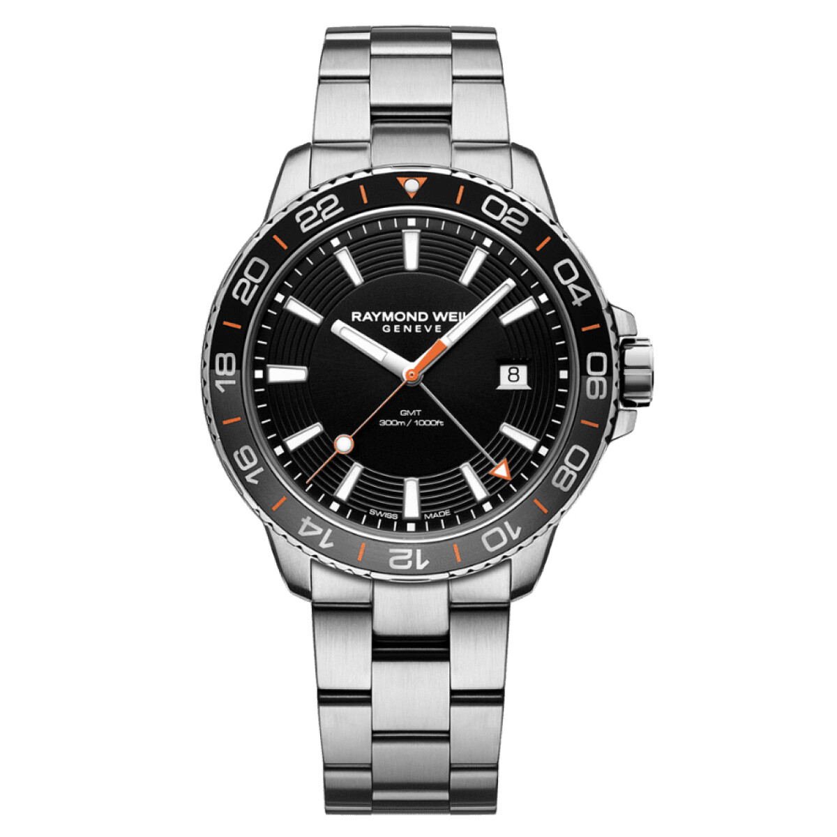 Reloj Raymond Weil Tango Diver 300 GMT en acero con bisel degradado negro y gris 