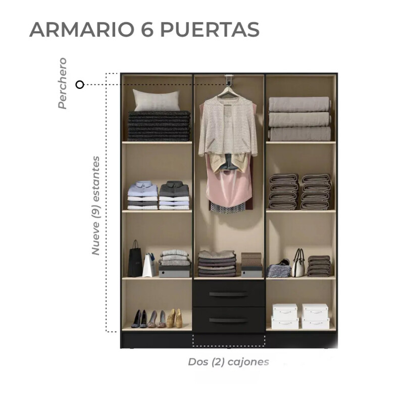 Ropero 6 Puertas 2 Cajones Armario Placard Roperia Color Negro Ropero 6 Puertas 2 Cajones Armario Placard Roperia Color Negro