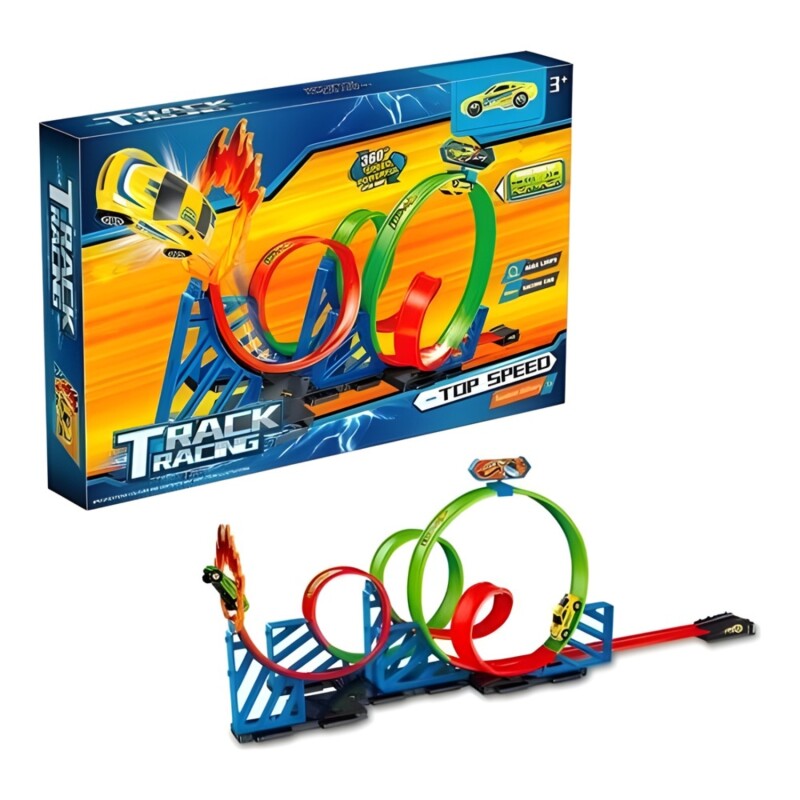 Pista Lanzadora De Autos de Juguete Super 360° Con 4 Loop Y 1 Auto Azul