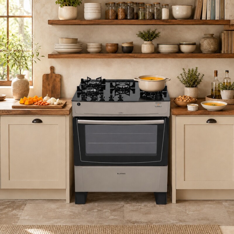 Cocina A Gas James 5 Hornallas Titanuim Con Mesada De Vidrio Negra C 695 V Cocina A Gas James 5 Hornallas Titanuim Con Mesada De Vidrio Negra C 695 V