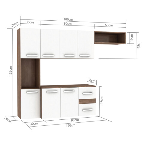 Cocina Alacena Elevada 7 Puertas 2 Cajones y Estantería 180 x 136 x 36 cm - Teka / Blanco Cocina Alacena Elevada 7 Puertas 2 Cajones y Estantería 180 x 136 x 36 cm - Teka / Blanco