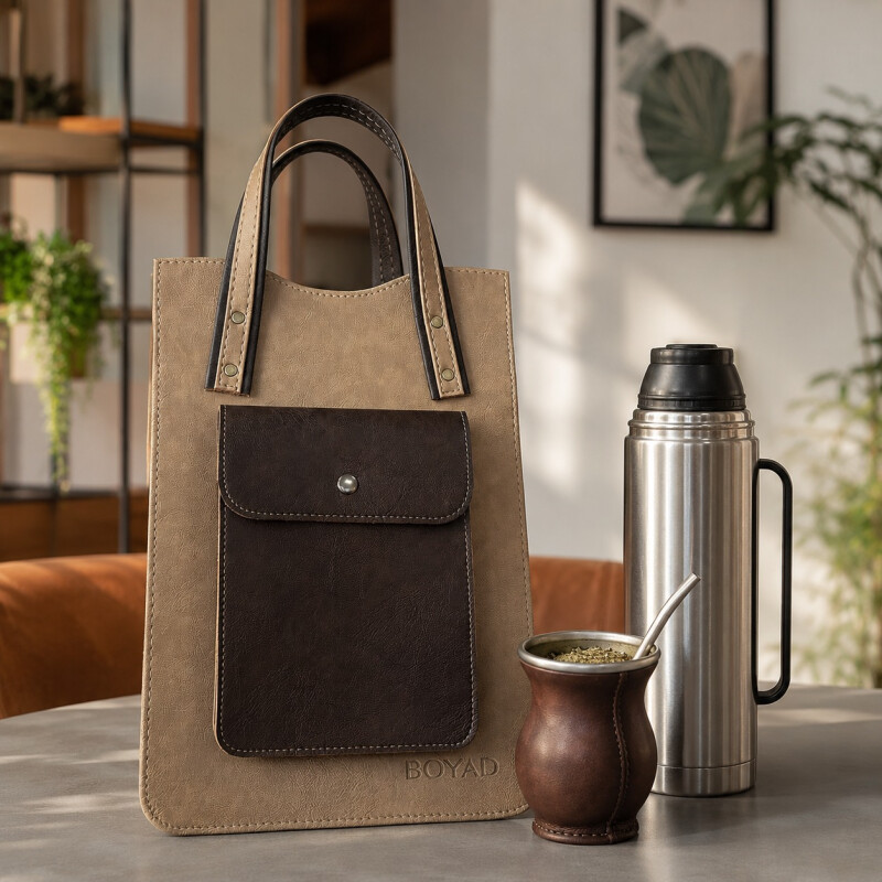 Matera Tipo Cartera con Bolsillo Simil Cuero Beige Y Chocolate